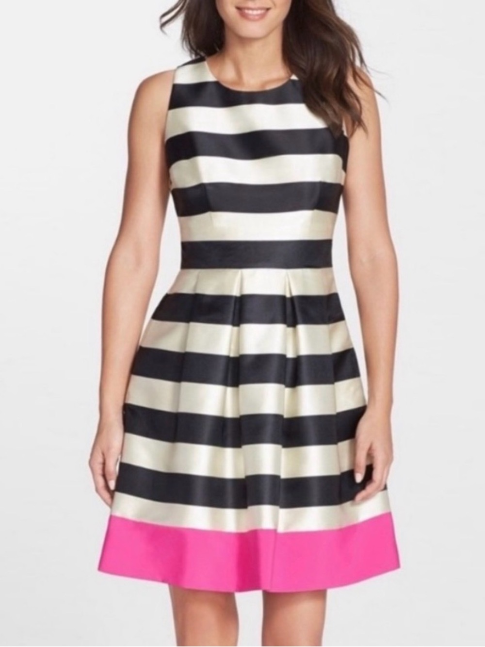 Women’s Eliza J stripe crepe fit & flare dress Size 12 Cocktail White Black Pink